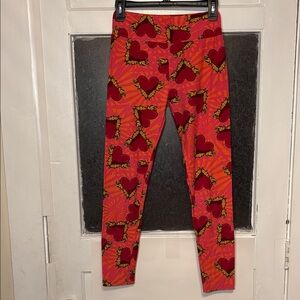 Lularoe Women’s Pink and Red Heart Patterned Loungewear Leggings One Size